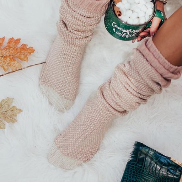 🚨 1 LEFT! Knitted Knee High Cozy Lounge Socks PINK - Picture 3 of 7